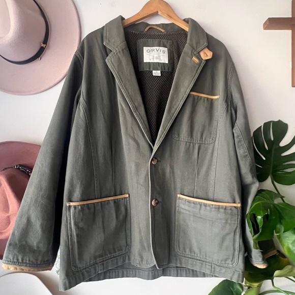 Orvis Other - ORVIS Canvas Blazer Jacket cotton Olive green Mens SIZE 44 leather patch elbow
